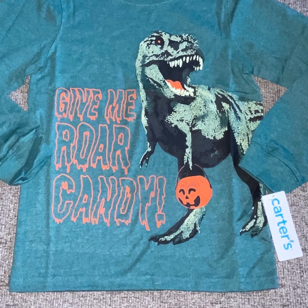 Boy’s Carter's Green Halloween Dinosaur Long Sleeve Shirt Pumpkin Dino Candy